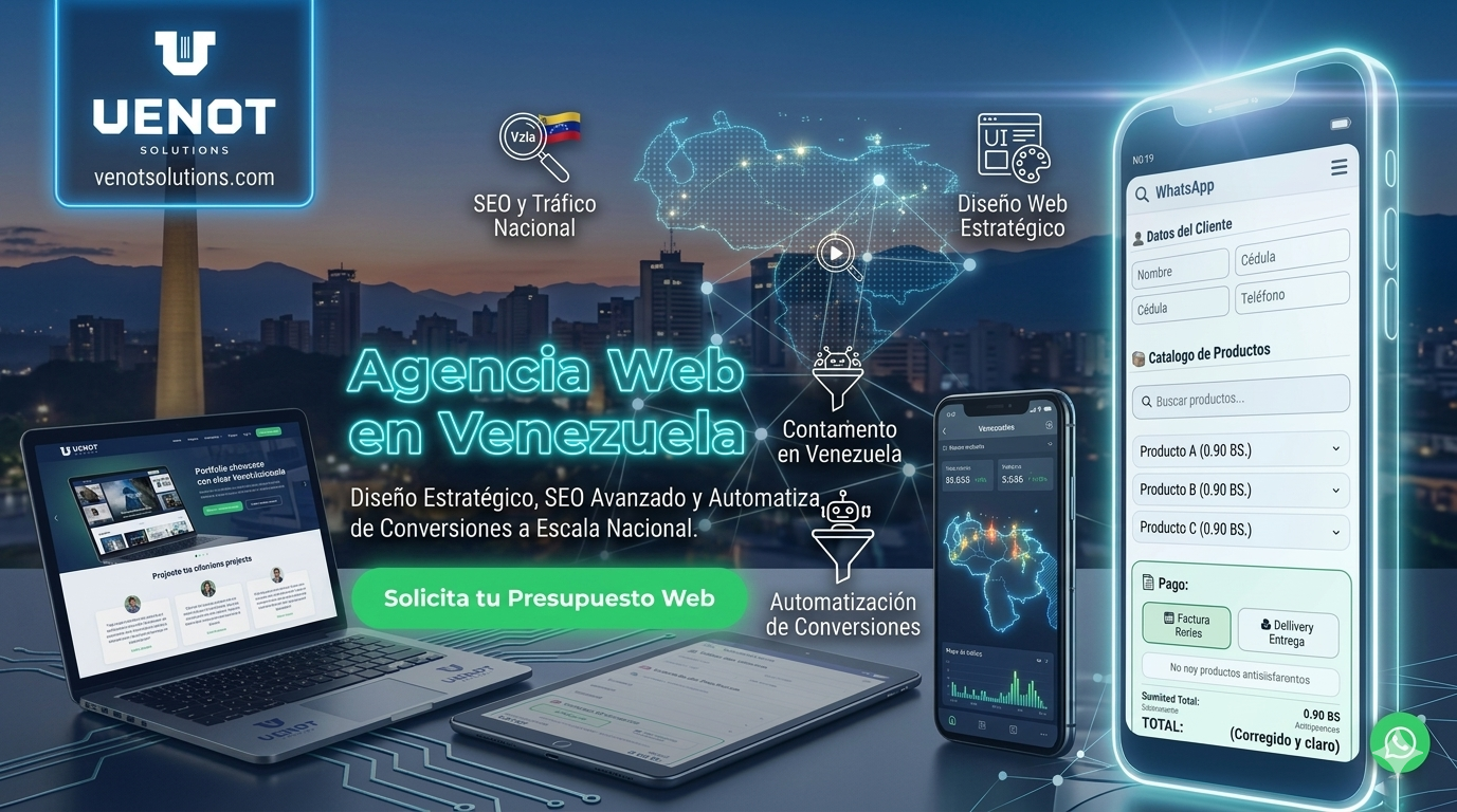 Visualización del ecosistema tecnológico de Venot Solutions en dispositivos móviles y laptops, destacando el servicio de agencia web en venezuela con mapas de calor y métricas de conversión en tiempo real.