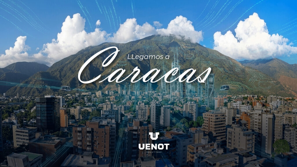 Vista panorámica de Caracas con el Ávila al fondo, integrada con elementos digitales, líneas de código y estructuras tecnológicas futuristas que representan el desarrollo de páginas web en Caracas y la transformación digital de Venot Solutions.