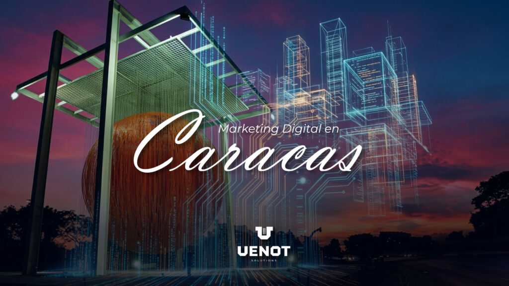 Representación tecnológica de la Esfera de Soto en Caracas durante el atardecer, fusionada con circuitos digitales y líneas de código que forman edificios futuristas, simbolizando la innovación en marketing en Caracas y el desarrollo de sistemas inteligentes por Venot Solutions.