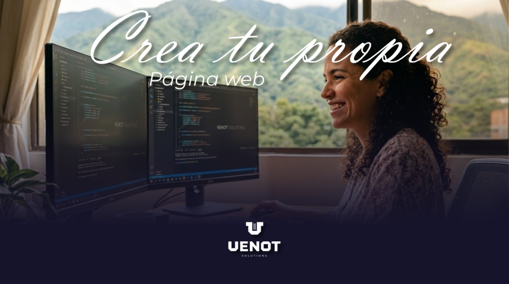Primer plano de una desarrolladora de Venot Solutions riendo mientras trabaja frente a dos monitores con código, con una taza con el mapa de Venezuela y vista a las montañas de Caracas.