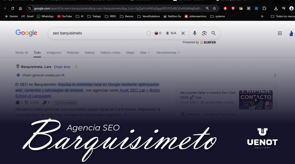 Captura de pantalla de resultados de búsqueda de Google para el término 'SEO Barquisimeto', con un resumen de IA y resultados de competidores, sobrepuesta con el texto en cursiva 'Agencia SEO Barquisimeto' y el logo de Venot Solutions.