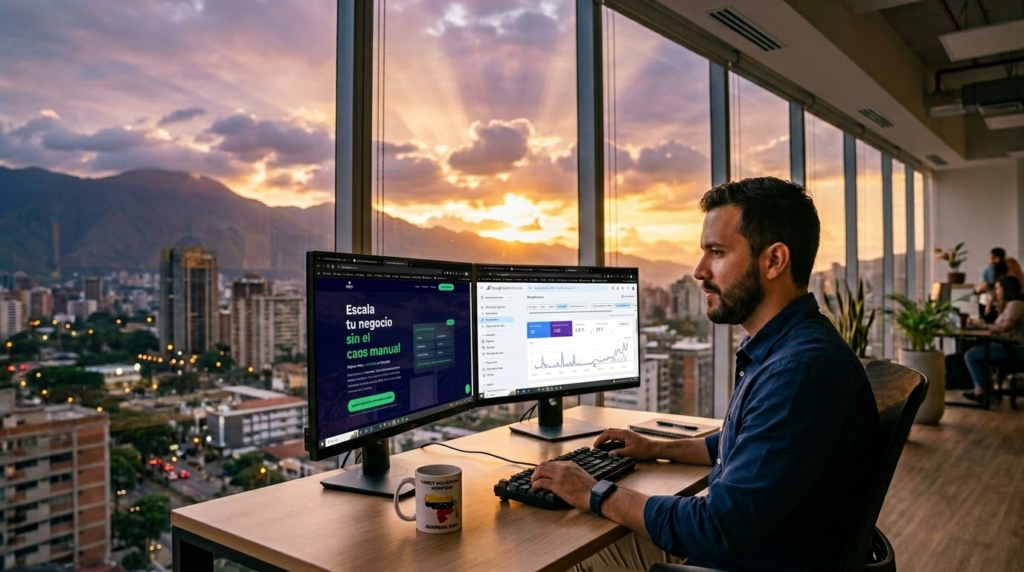 Desarrollador web trabajando en oficina frente a pantallas con paneles de automatización de procesos y optimización de negocios.