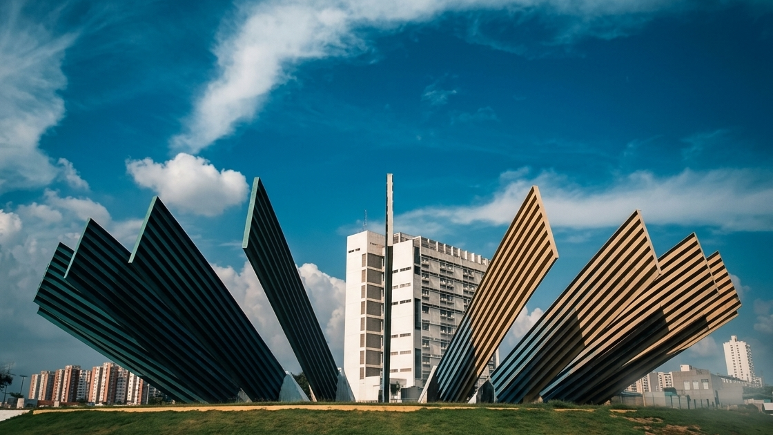 Fotografía aérea de estilo cinematográfico de la Redoma de las Trinitarias en Barquisimeto, Venezuela. En primer plano, el Monumento al Sol Naciente, con sus paneles de hormigón en abanico de colores azul verdoso y amarillo dorado, se eleva desde una colina de hierba en una rotonda. Detrás, un moderno edificio blanco de oficinas y un obelisco central se erigen contra un cielo azul profundo con nubes blancas dispersas. A lo lejos, se aprecia el perfil urbano de la ciudad.