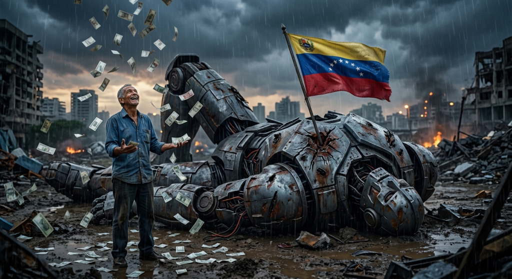 "Una imagen cinematográfica y dramática que muestra a un robot gigante de metal, visiblemente derrotado y oxidado, tendido en el suelo de una ciudad en ruinas bajo un cielo gris y lluvioso. En el pecho del robot está clavada una bandera de Venezuela que ondea ligeramente. A la izquierda, un hombre mayor con camisa azul sonríe con júbilo hacia el cielo, con los brazos abiertos, mientras billetes caen a su alrededor como si fuera lluvia, cubriendo el suelo embarrado.