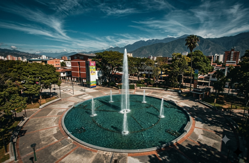 Vista aérea panorámica y de estilo cinematográfico de la Plaza las Heroínas en Mérida, Venezuela. En el centro destaca una gran fuente circular con chorros de agua activos, rodeada de caminerías, árboles verdes y edificios locales, con la imponente cordillera de los Andes de fondo bajo un cielo azul con nubes dispersas.