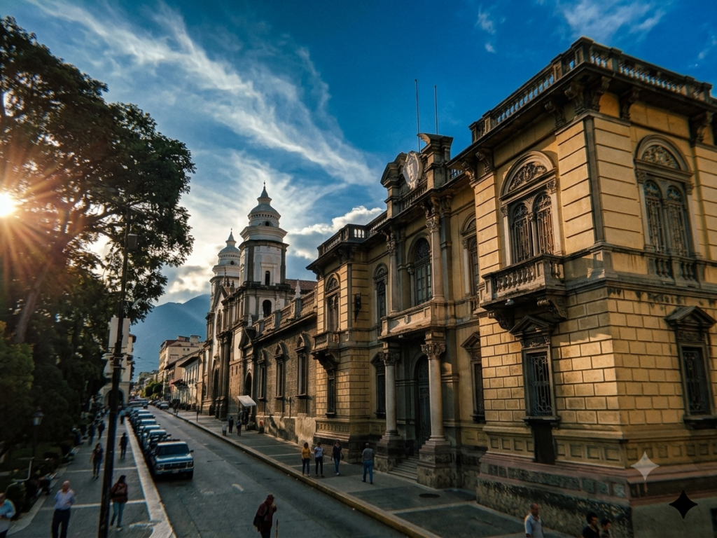 Fotografía de estilo cinematográfico de la fachada histórica de la Gobernación del Estado Mérida y la Catedral Metropolitana al atardecer, tomada desde un ángulo de vista elevado y dinámico hacia la calle adyacente con automóviles estacionados y transeúntes.