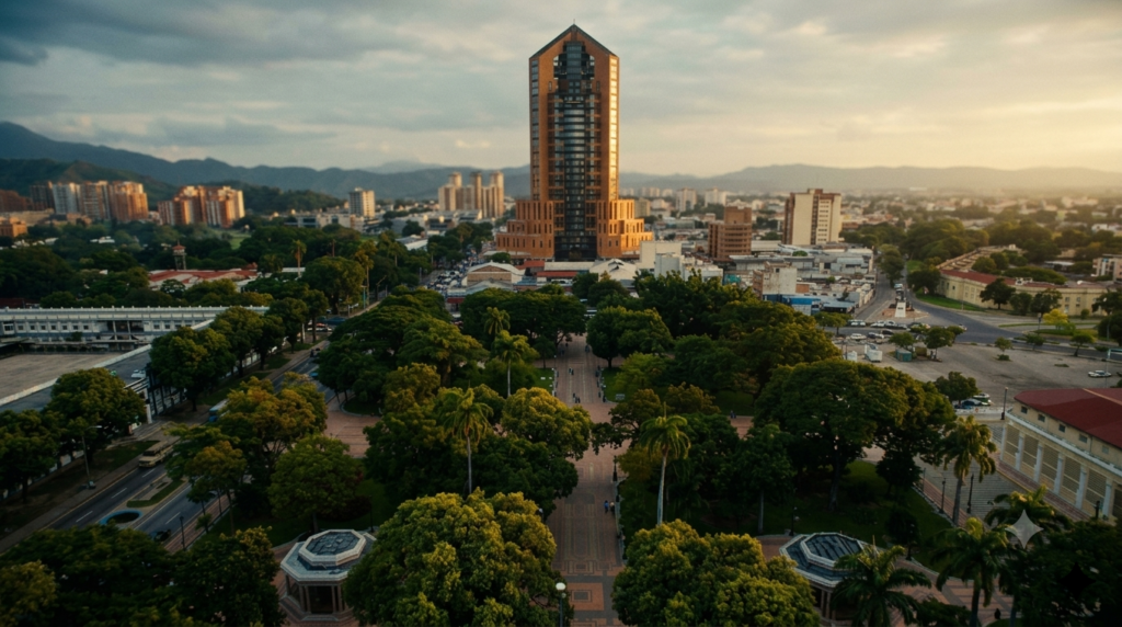 Fotografía panorámica de estilo cinematográfico en formato 16:9 de la Plaza Bolívar de Maracay, Venezuela. La perspectiva adopta un ángulo medio, ligeramente desplazado a la derecha, centrando el punto focal en la imponente Torre Sindoni al fondo. El paisaje urbano se muestra bajo una luz cálida de atardecer, donde los frondosos árboles del parque cubren gran parte del primer plano, contrastando con el cielo parcialmente nublado y las montañas al fondo.